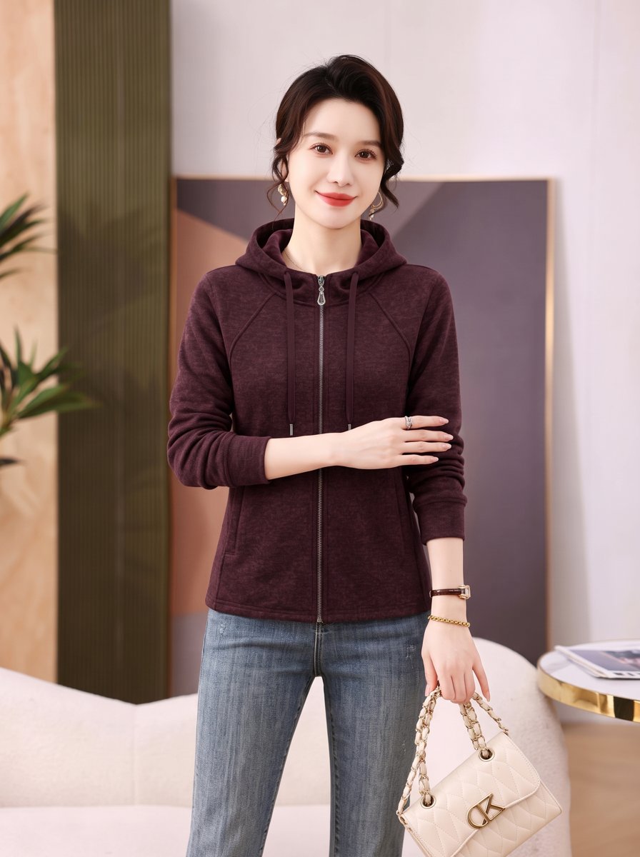女款酒红抓绒衣 AI 模特上身